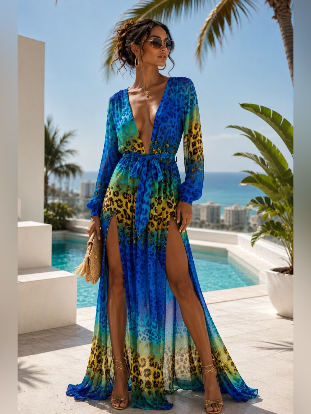 Moda Minx Dress Turquoise Leopard Print Long Sleeve Split Hem Maxi Size Small